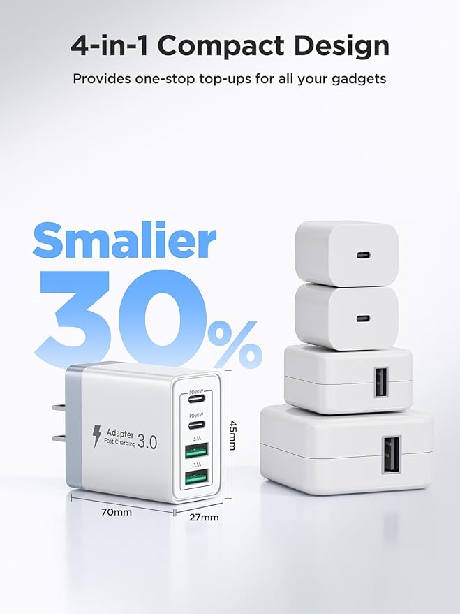 2 Pack USB C Wall Charger, 40W 4-Port USB C Fast Charger Block Dual Port QC+PD 3.0 Power Adapter, Multiport Type C Brick Charger with Lightning Cable for iPhone 14 13 12 11 Pro Max XS XR X 8 7 6 Plus