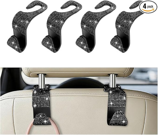 4PCS Bling Car Seat Headrest Hooks, Crystal Rhinestone Vehicle Back Seat Hanger Holder, Auto Interior Headrest Hanging Storage Organizer for Purse Handbag Coat, Universal Fit (Black)