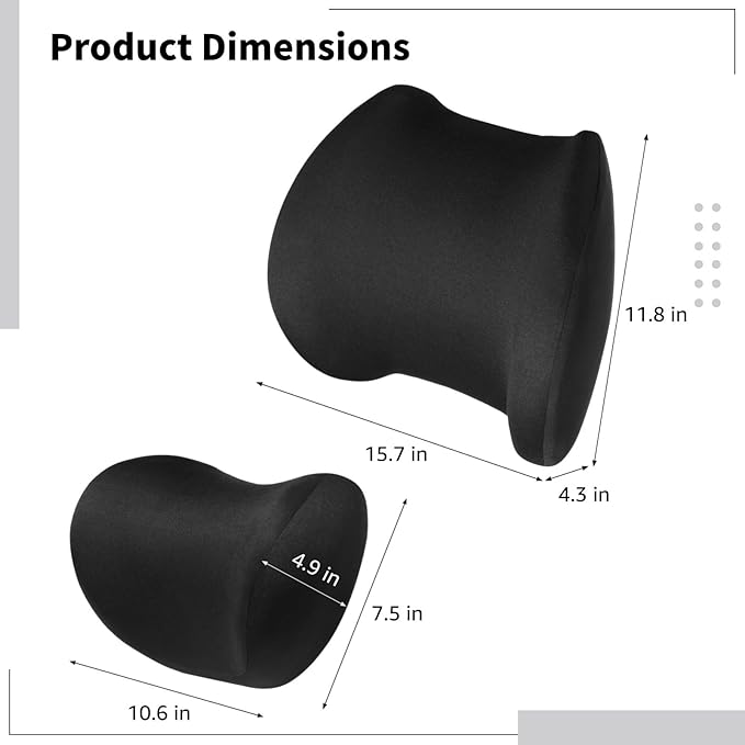 Car Headrest Lumbar Support Cushion, Memory Foam Head, Waist Pillow for Car Seat with Detachable Zipper Cover, in Black