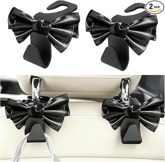 2PCS Cute Bow Car Seat Headrest Hook, Multifunctional Backseat Storage Hanger for Purse Handbag Coat, Automotive Seat Back Bag Holder Organizer, Universal for SUV RV Truck (Black)