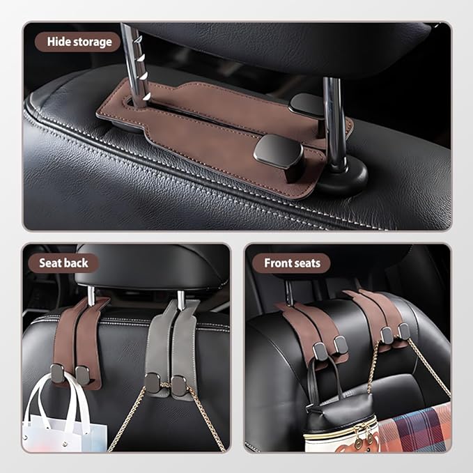 Car Seat Back Storage Hook, 2026 New Two Hook Fur Leather Seat Back Headrest Hanger Genuine Leather Double Metal Hook for Backseat Organizer, Car Organization Accessories (4, Black)