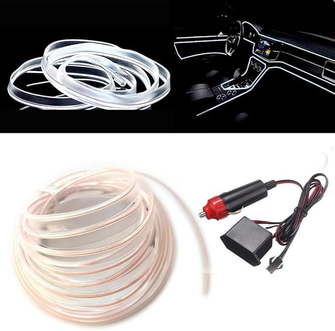 MaxLax El Wire White Interior Car LED Strip Lights, 10m neon Wire 12V with Fuse Protection for Automotive Car Interior Decoration with 6mm Sewing Edge