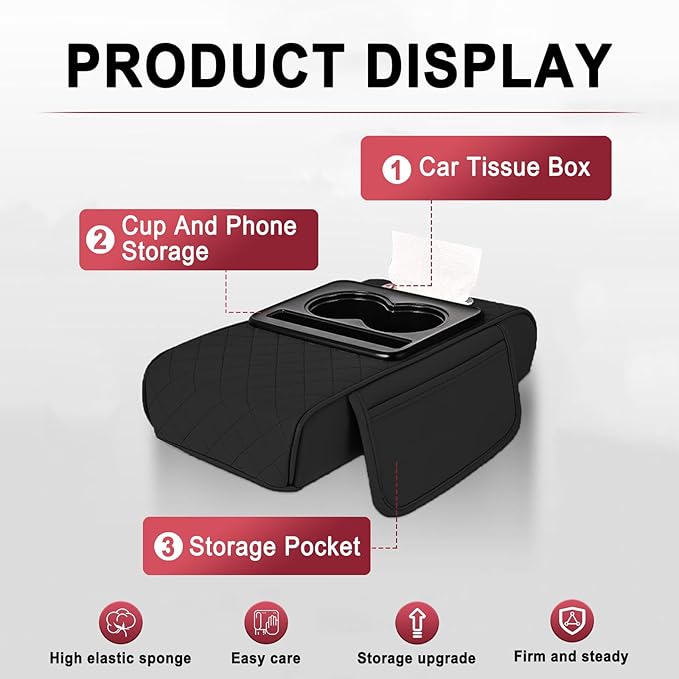 Car Armrest Storage Box for Nissan Hardbody (D21) 1986–1997, Center Console Organizer with Side Pocket, Ergonomic Memory Foam Armrest Cushion, Car Elbow Support Pad,A Black