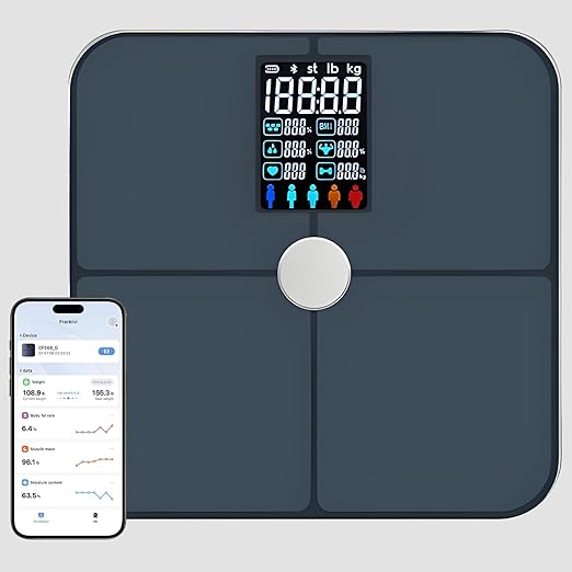 Smart Body Fat Scale with Heart Rate Monitor - 19 Key Health Metrics, ITO Glass Technology, Auto-On LCD Display, 8 User Profiles, 400lbs Capacity, App Sync Body Composition Analyzer