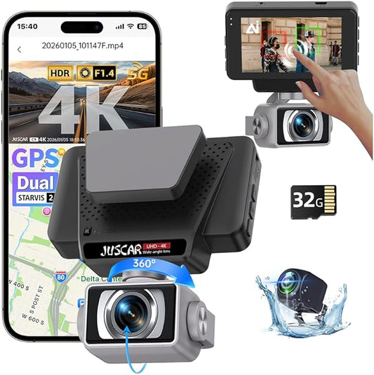 2026 AI Drive Assist 5G WiFi Dash Cam Front and Rear, UHD 4K+1080P, ADAS & GPS, 360° Rotating Front x Free 32GB Card Dual Dashcam, 3" Touch Screen, 24H Parking Mode, Support 512GB Max