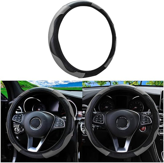 Car Steering Wheel Cover, 15 Inch PU Leather Carbon Fiber Elastic Stretch Without Inner Ring, Breathable Anti-Slip Auto Steering Wheel Protector for Women Men, Universal for Most Cars (Gray)