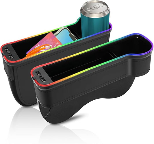 2PCS LED Car Seat Gaps Filler Organizer,Front Seat Gaps Filler, Car Seat Organizer with Ambient Light, USB Charger for Multifunction Storage Box for Holding Phone, Sunglasses