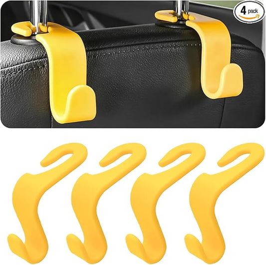 4PCS Car Back Seat Headrest Hooks, Rear Car Seat Storage Headrest Hanger Holder Hooks Organizer, Universal Auto Interior Accessories for Bag Purse Handbag Cloth Coats Grocery (Yellow)
