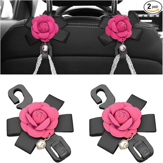 Car Seat Headrest Hook, 2PCS Cute Flower Vehicle Backseat Organizer Hanger for Purse Grocery Bag Coat, Auto Interior Hanging Decor Accessories, Universal for SUV Sedan Truck (Red)