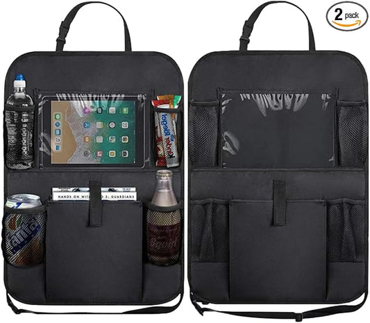 2PCS Car Backseat Organizer, Waterproof Oxford Fabric Auto Back Seat Protector Kick Mats with Clear 10" Tablet Holder & 5 Storage Pockets, Universal Vehicles Travel Accessories