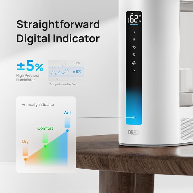 Dreo 6L Humidifiers for Bedroom, Smart Warm & Cool Mist for Large Room, 60Hr Quiet Runtime for Baby, Plant, Humidity Sensor, Indicator Light, 12H Timer, Google/Alexa, White