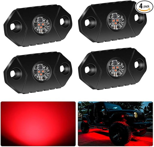 4WDKING Red LED Rock Lights, 4 Pods IP68 Waterproof Underbody Glow Trail Rig Lamp LED Neon Lights for Truck Off Road Truck Car Boat ATV SUV Motorcycle