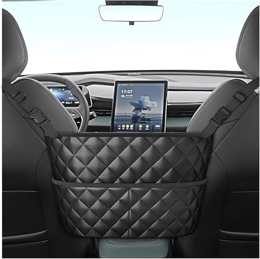 Car Net Pocket Handbag Holder Between Seats, Large Capacity Storage Bag for Front Seats, Leather Car Organizer Backseat Barrier for Kids Pet, Handbag Organizer Pocket Car Console Purse Holder