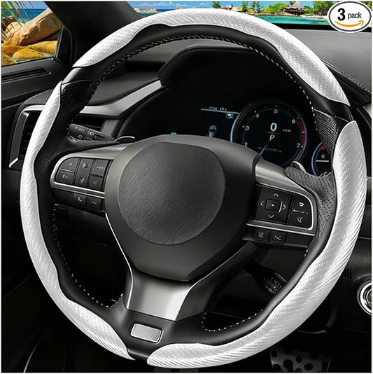 3PCS Carbon Fiber Car Steering Wheel Cover, Leather Segmented Anti-Skid Steering Wheel Protector, Snap on Automotive Interior Protection Accessories, Universal for Vehicles (White)