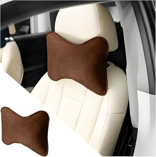 Car Headrest Pillow, Suede Soft Comfortable Breathable Vehicle Seat Neck Support Cushion with Adjustable Strap, Ergonomic Design Auto Head Rest Pad, Universal for Sedan RV Truck (Brown)