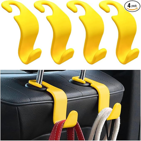 4PCS Car Seat Headrest Hook, Auto Back Seat Hanging Storage Organizer, Vehicle Seatback Hanger Holder for Purse Handbag Coat Umbrella, Universal Interior Car Accessories (Yellow)