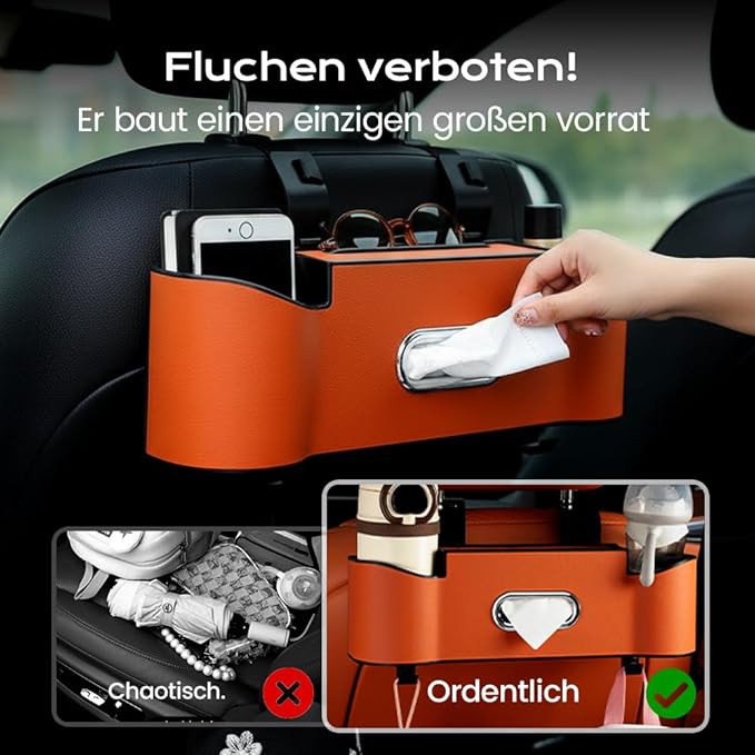 3-in-1 Car Backseat Organizer, 2026 New Multifunctional Back Seat Car Organizer with Cup Holder, Tissue Box, Trash Bin & Hooks for Hold Phones, Snacks, Drinks, Handbags (1, Beige)