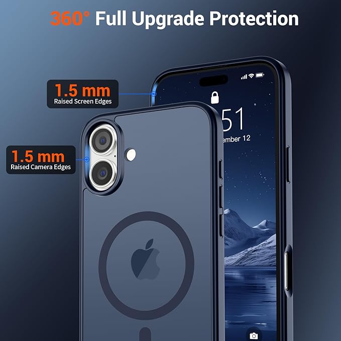 SUPFINE Magnetic for iPhone 16 Case with Screen Protector (Compatible with MagSafe) (Military Grade Drop Protection) Translucent Matte Shockproof Phone Cover,Dark Blue