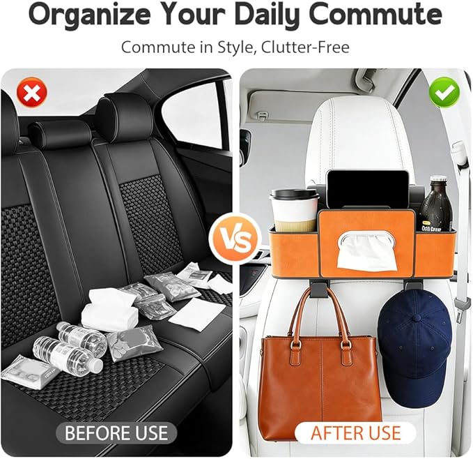 Multifunctional Car Seat Back Storage Box, 3-in-1 Backseat Car Organizer with Dual Cup Holders, Hold Phones, Snacks, Drinks, and Handbags (Orange)