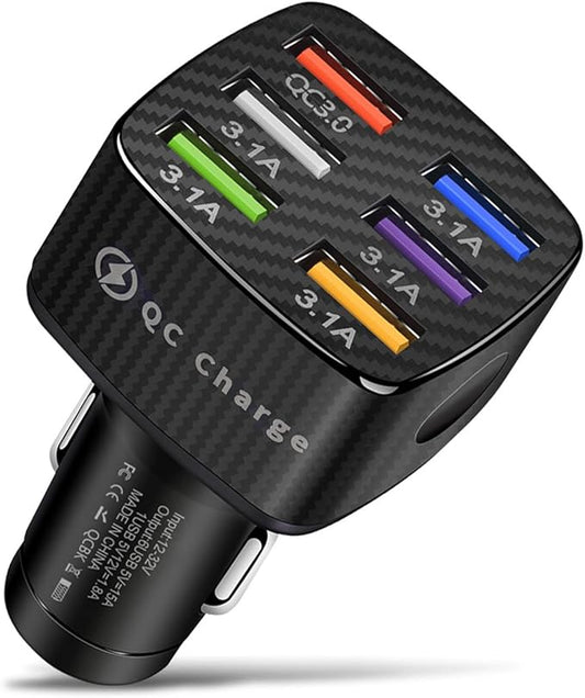 Car Charger Adapter, 6 Ports USB QC3.0 Fast Phone Charger, Car Interior Accessories Fit for All Vehicles, Multi-Port Car Phone Charger with LED Light Display for Smart Phone and More (Black)