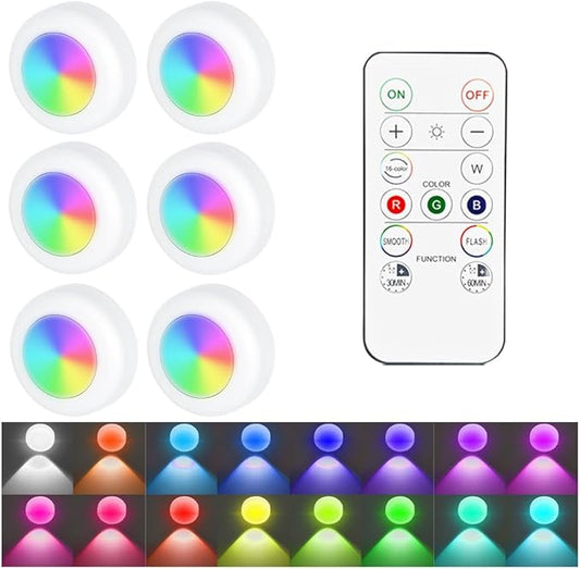 6PCS Wireless Car Interior Led Lights with Remote Control, 16 Colors Vehicle Puck Lamps, Rechargeable Ambient Inside Night Lighting Kit Decoration, Universal Automotive Accessories