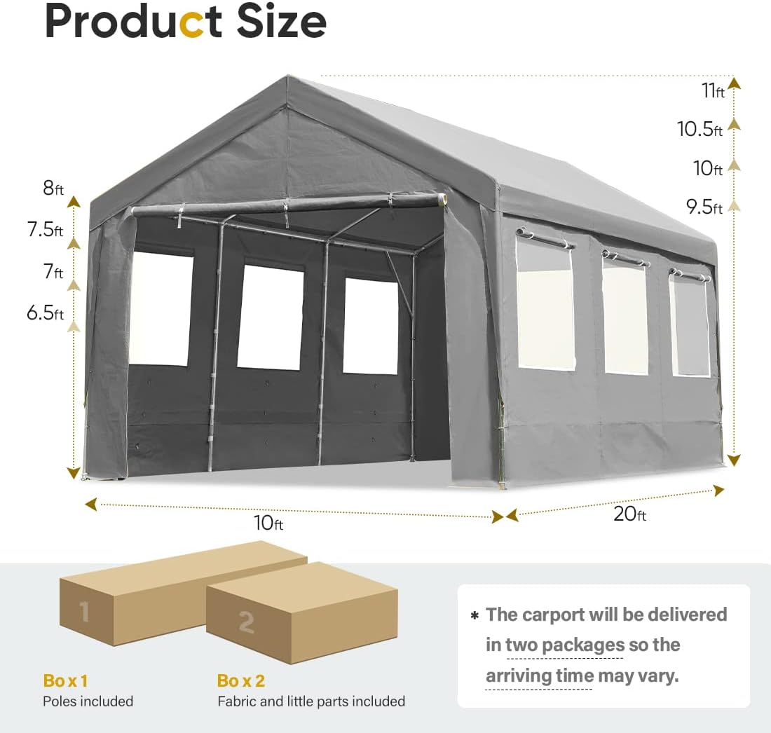 ADVANCE OUTDOOR 10x20 ft Adjustable Height Carport with Removable Window Sidewalls and Doors, Heavy Duty Car Canopy Garage Party Tent Boat Shelter with Reinforced Poles, Gray
