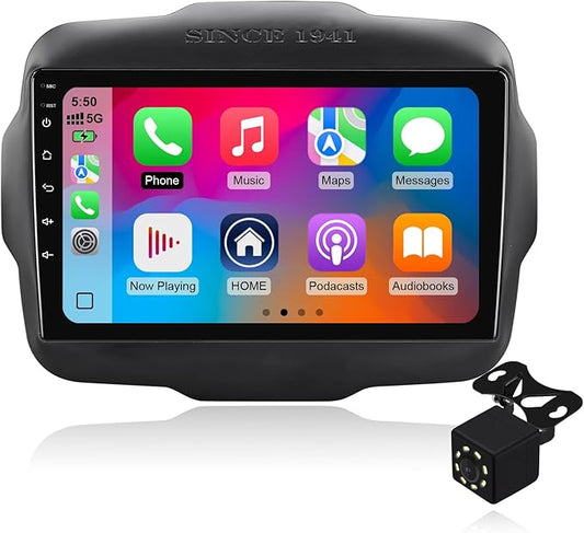 4Core+32G Android 14 Double Din Car Radio Stereo for Jeep Renegade 2015-2020 with 9" Touchscreen Radio Built-in Wireless Carplay/Android Auto/GPS/Bluetooth/FM/AUX-in/SWC/Camera