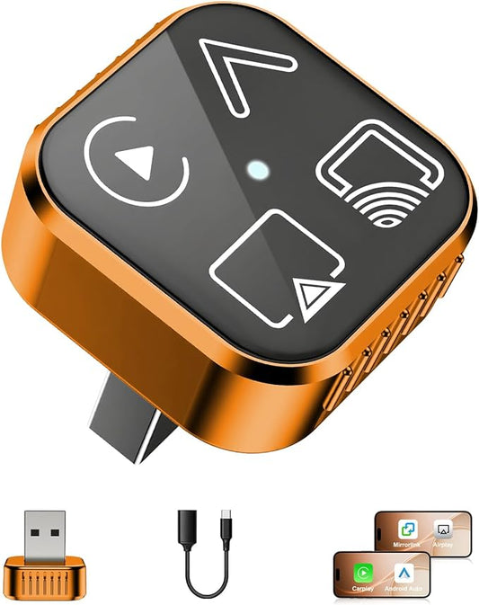 4-in-1 Mini Wireless CarPlay & Android Auto Adapter Support AirPlay/MirrorLink, Convert Wired to Wireless, Auto-Connect for Daily Commute, 5.8GHz Stable Connection, Plug & Play Dongle, Orange