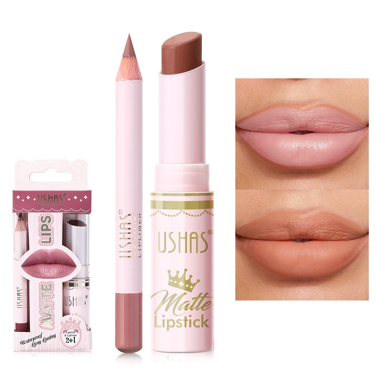 USHAS Lipstick and Lip Liner Combo Set 2 in 1 Waterproof Lipstick for Women Lip liner Set Long Lasting Lipstick, Matte Lipstick Pen with Lip Liner Set Makeup Kits (S16, Pack of 1)