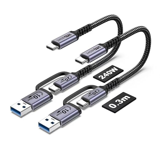 20Gbps Android Auto USB C Cable 2-in-1 [1ft, 2Pack] 240W Max USB 3.1 Gen 2 Fast Charge & Data Transfer USB C CarPlay Cable, Compatible with iPhone 16 15 Pro Max, Galaxy S23, Pixel 9 Pro XL