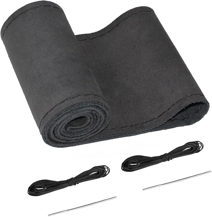 BELINOUS Suede Leather Steering Wheel Cover, DIY Stitch-On Steering Wheel Wrap with Needle & Thread, Non-Slip & Sweat-Absorbing, Universal Fit for 13.75-16 Inch (Size S5, Black)
