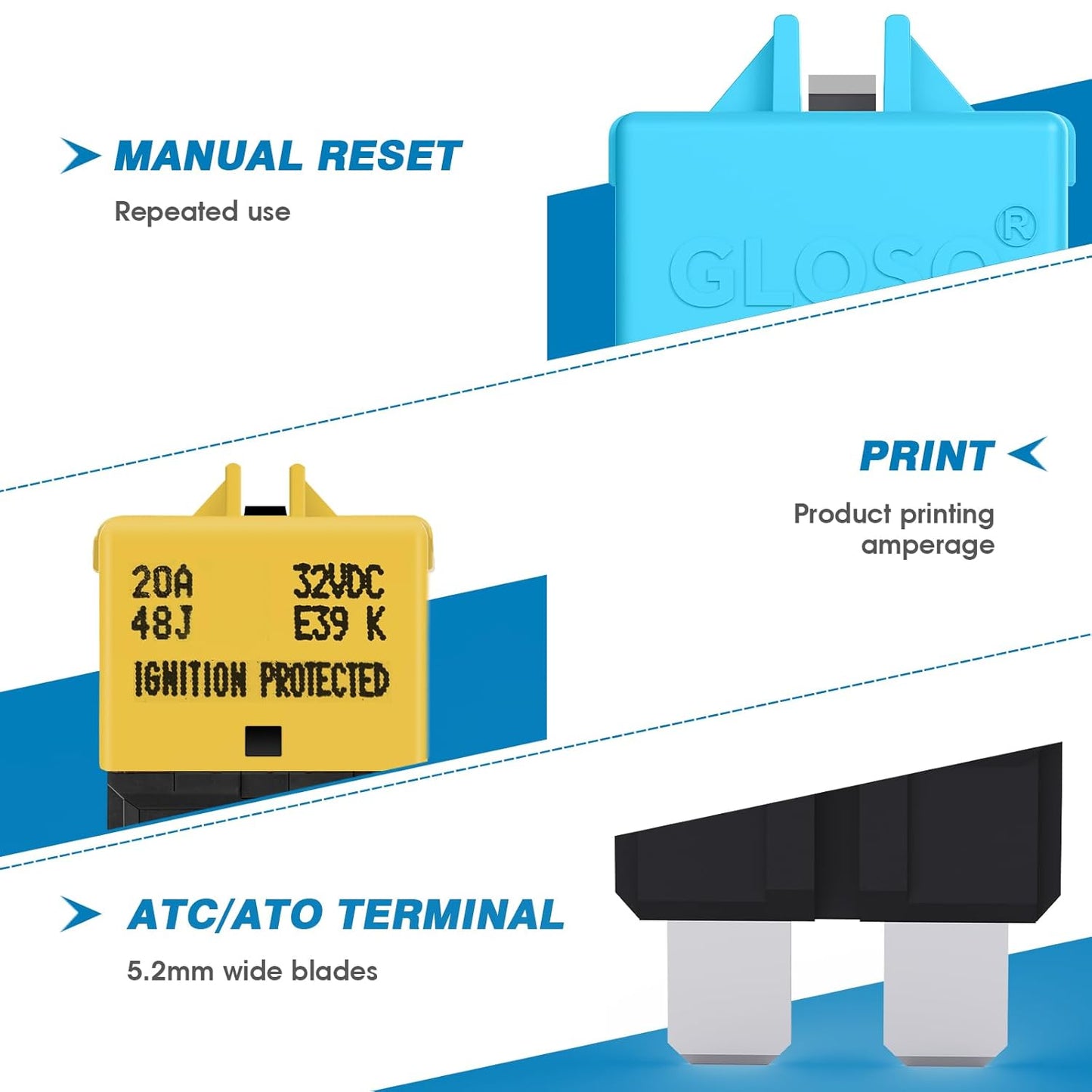 GLOSO Circuit Breakers E39 Manual (T3) Reset Low Profile ATC/ATO (5A - 25 Pack)
