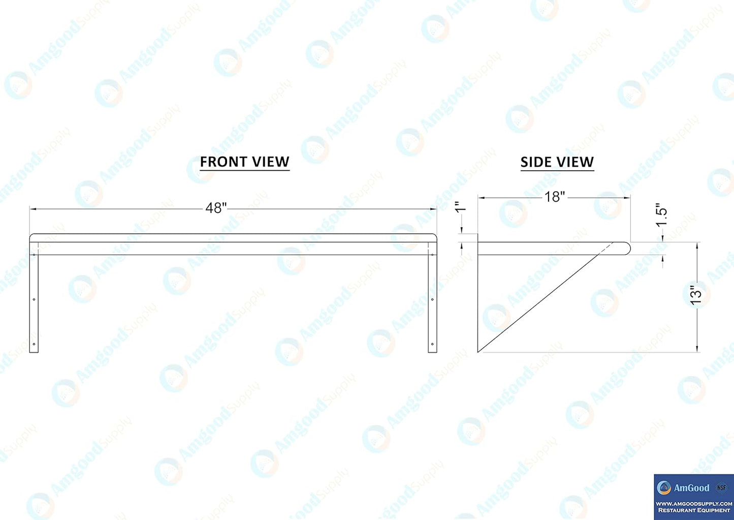 AmGood 48" Long X 18" Deep Stainless Steel Wall Shelf | NSF Certified | Appliance & Equipment Metal Shelving | Kitchen, Restaurant, Garage, Laundry, Utility Room