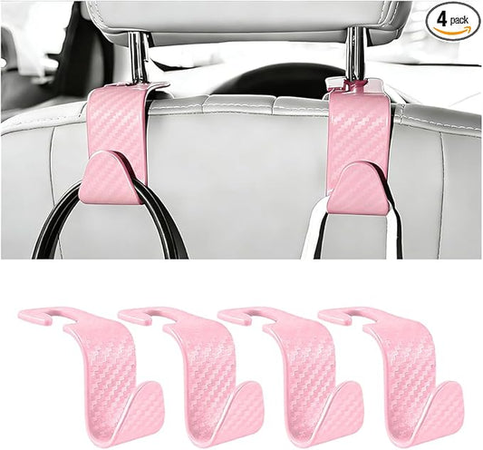 4PCS Car Seat Headrest Hook, Automotive Back Seat Storage Holder Hanger, Vehicle Interior Backseat Organizer Hanging Hook for Purse Handbag Grocery Bags, Universal Fit (Pink)