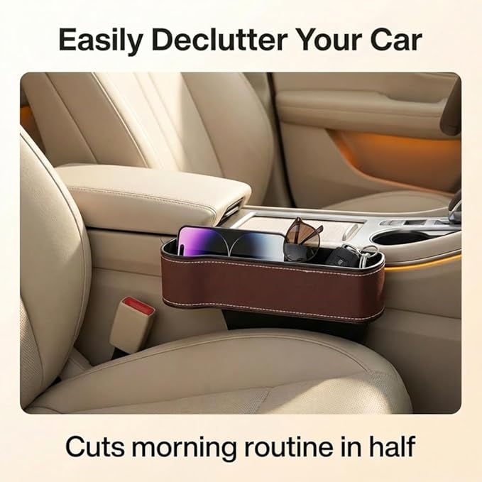 Car Seat Gap Filler Organizer, 2026 New Premium Leather Console Organizer for Holding Phone, Sunglasses, Auto Console Side Storage Box with Cup Holders 2 Seat Hooks for Drink (Brown, Passenger Seat)