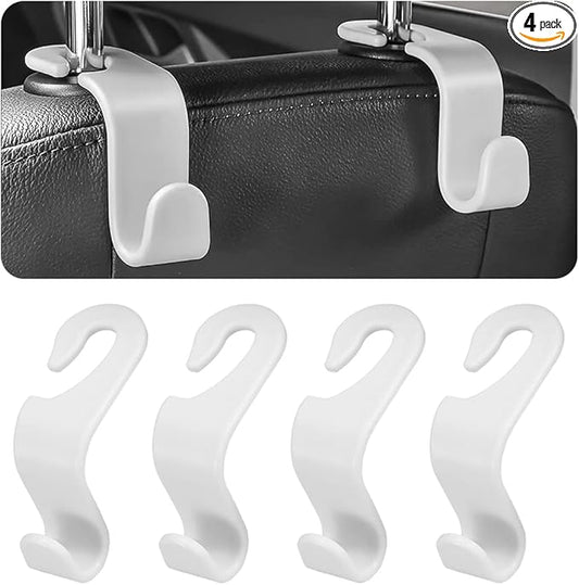 Car Back Seat Headrest Hooks, 4PCS Vehicle Backseat Storage Organizer Hanger, Multifunctional Auto Headrest Hidden Hook Universal for Handbag Purse Backpacks Bags and Groceries (White)
