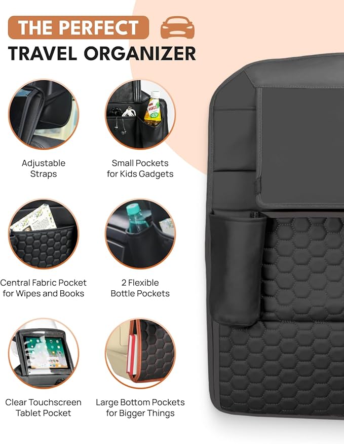 Owleys Set Seat Back Organizer & Car Seat Protector Hexy Waterproof & Non-Slip Protector for Child Car Cushion for Leather and Fabric Seats (Black Set 1)