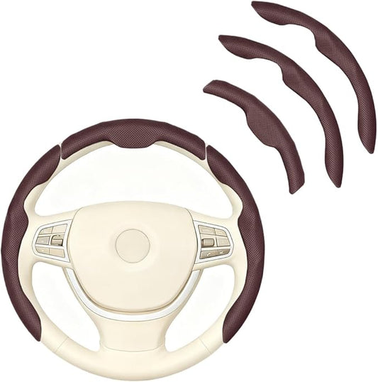 3PCS Car Steering Wheel Cover, Nappa Leather Breathable Non-Slip Segmented Steering Wheel Protector, Snap-on Auto Interior Decoration Accessories, Universal Fit (Brown)