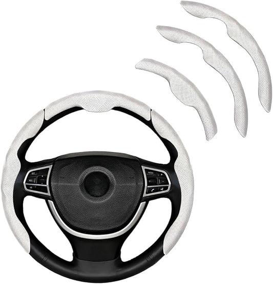 3PCS Car Steering Wheel Cover, Nappa Leather Breathable Non-Slip Segmented Steering Wheel Protector, Snap-on Auto Interior Decoration Accessories, Universal Fit (White)