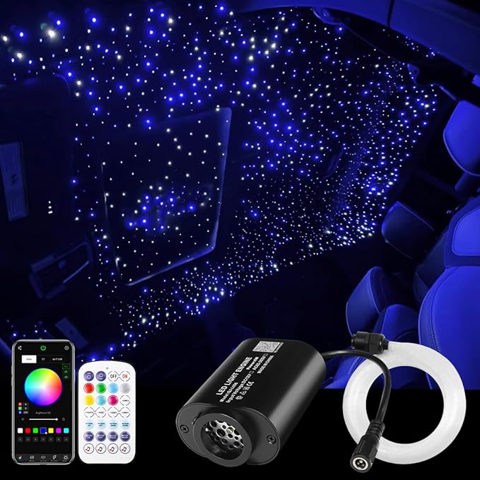 AMKI Mini 6W Starlight Headliner Kit 200pcs 0.03in 6.5ft,Twinkle+Sound Activated Fiber Optic Light 4Lamp Beam Starlight Box APP/Remote Control for Car Home Star Ceiling Decoration