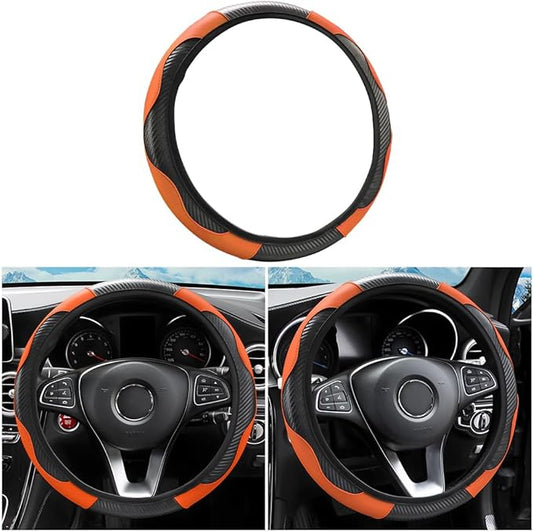 Car Steering Wheel Cover, 15 Inch PU Leather Carbon Fiber Elastic Stretch Without Inner Ring, Breathable Anti-Slip Auto Steering Wheel Protector for Women Men, Universal for Most Cars (Cayan)