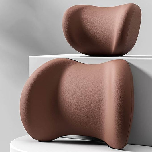 Car Headrest & Lumbar Support Cushion, Ergonomic Car Seat Headrest & Lumbar Cushion with Adjustable Strap for Neck Back Pain Relief, Memory Foam & Breathable Car Head Lumbar Rest Set (Coffee)