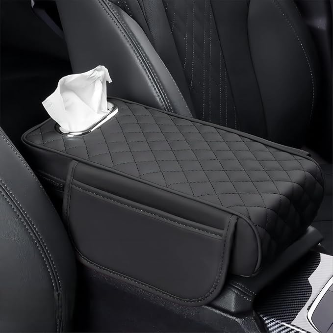 Car Center Console Cover for Toyota Highlander 3.Generation 2013-2020, Leather Car Arm Rest Cover, Car Armrest Cushion with 2 Storage Bags Car Center Console Armrest Pad, B Black