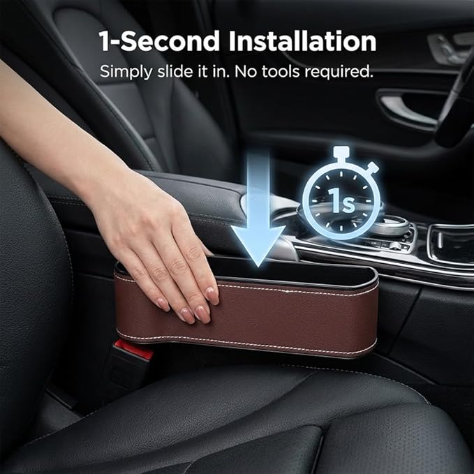 Car Seat Gap Filler Organizer, 2026 New Premium Leather Console Organizer for Holding Phone, Sunglasses, Auto Console Side Storage Box with Cup Holders 2 Seat Hooks for Drink (Black, 1Set)