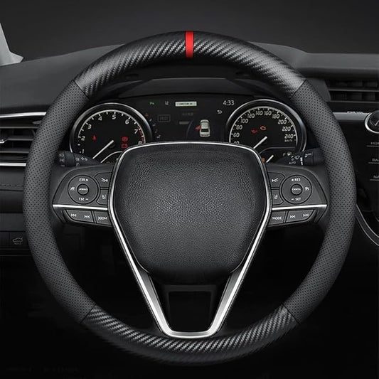 Carbon Fiber Leather car Steering Wheel Cover, Comfortable and Anti-Skid, Universal 15 inch (Black)