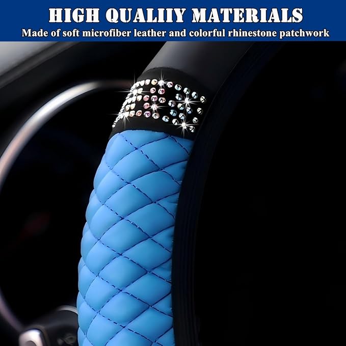Soft Leather Car Steering Wheel Cover, Universal 15 Inch Colorful Rhinestones Anti-Slip Elastic Steering Wheel Covers for Most Cars, Sparkly Crystal Diamond for Women Girls (Blue)