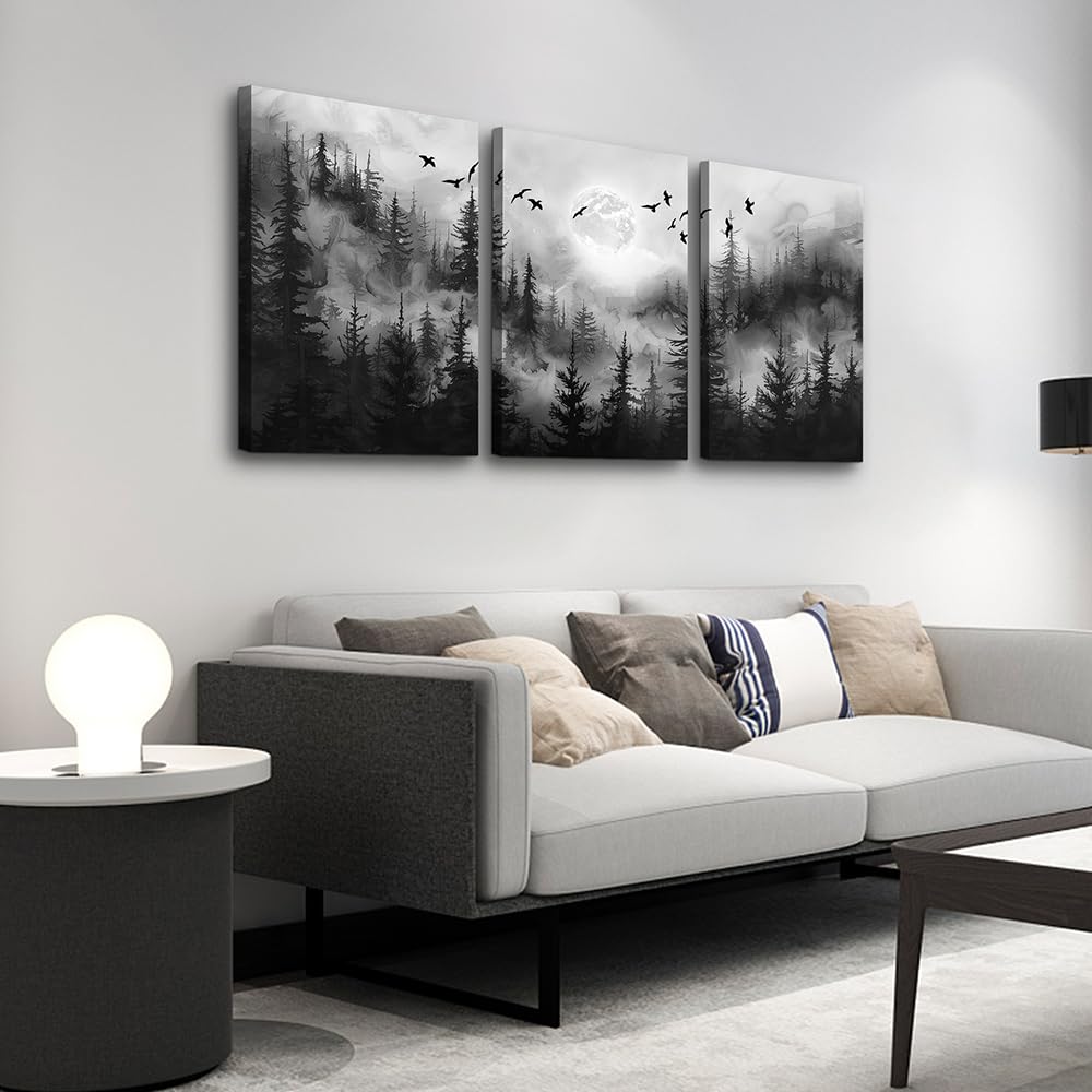 DZRWUBHS Black And White Wall Paintings Wall Art For Living Room Canvas Wall Decor For Bedroom Modern Office Decorations Misty Forest Landscape Abstract Wall Pictures Wall Hanging Room Home Decor