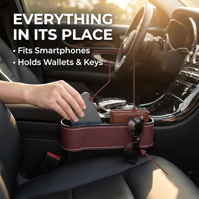 Car Seat Gap Filler Organizer, 2026 New Premium Leather Console Organizer for Holding Phone, Sunglasses, Auto Console Side Storage Box with Cup Holders 2 Seat Hooks for Drink (Black, Driver's Seat)