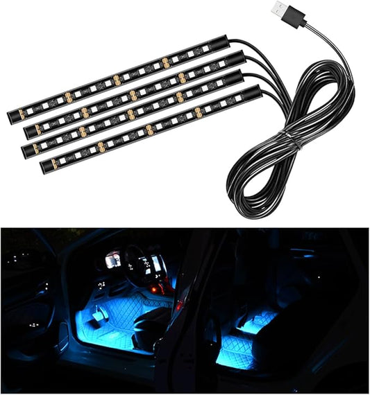 Car LED Strip Light, 48 LEDs RGB Neon Interior Atmosphere Lights, 12V Under Dash Ambient Night Light, USB Port Auto Interior Decorative Lamp, Universal Car Accessories (Ice Blue)