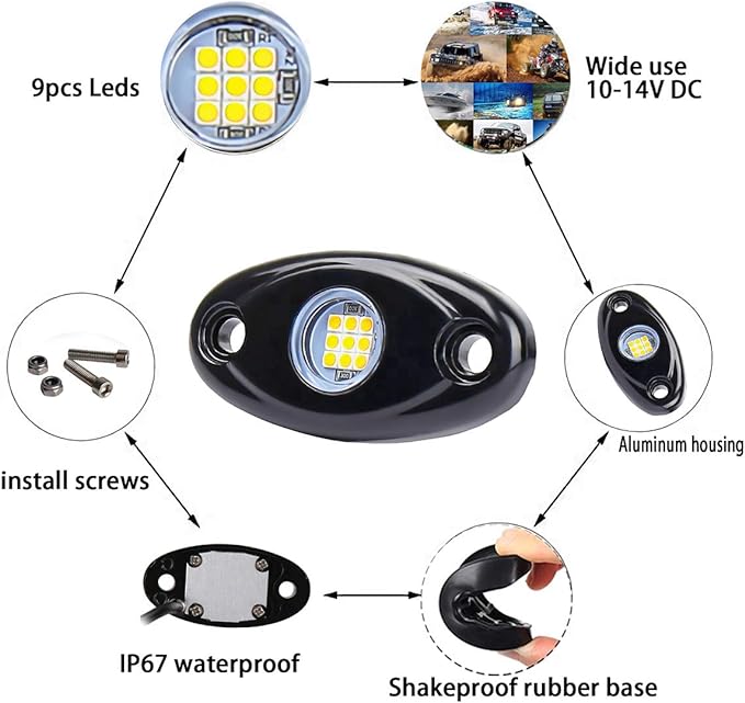 Blue LED Rock Lights, 4 Pods Neon 12V Waterproof Underglow Underbody Kit Crawler Crawling Dome Exterior Wheel Lights for ATV RZR UTV SUV Off-Road Auto Boat Motorcycle Glow Trail Rig Fender Lamp